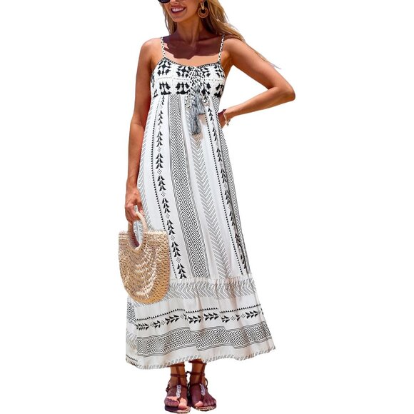 Women's Summer Maxi Dress Rayon Boho Ruffled Tassel Sleeveless Beach Vacation - Picture 1 of 5